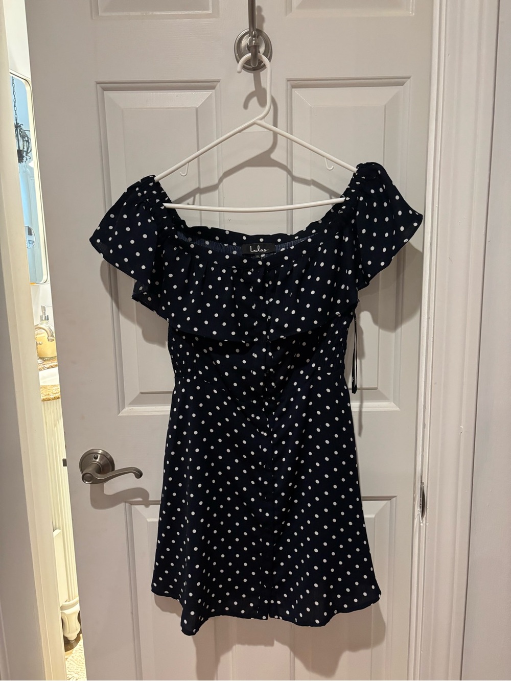 Lulu's Navy Blue Polka Dot Off the Shoulder Ruffle Dress
